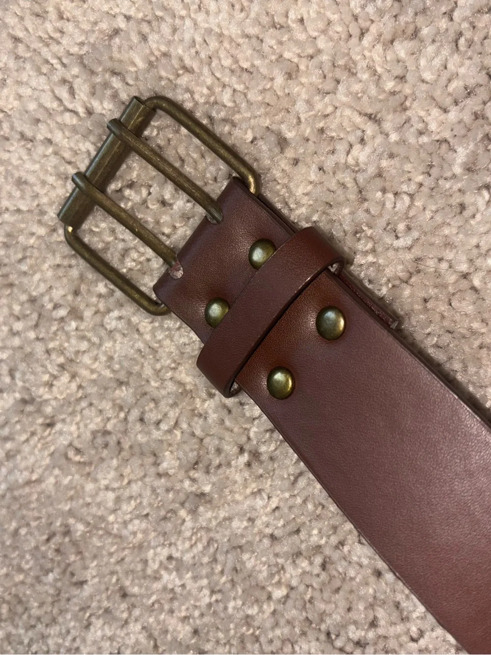 Vintage Brown Leather Double Prong Roller Buckle Belt Grommet Hole 34 36